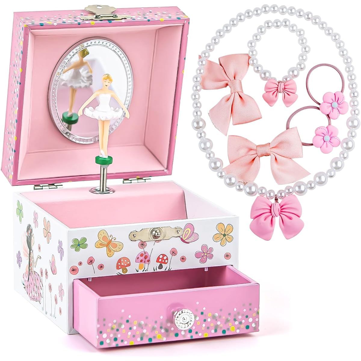 Music Box Jewelry Box for Girls, Spinning Ballerina and Jewelry Set, Flower Fairy and Butterfly Design with Drawer, Perfect Gift for Girls, Beautiful Dreamer Tune