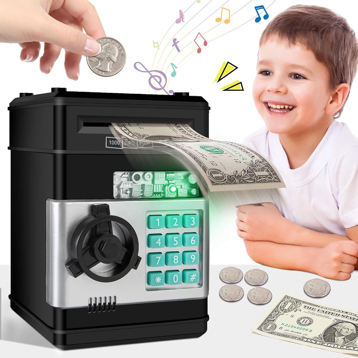 MAGIBX Piggy Bank for Kids, Boys Toys for Ages 3 4 5 6 7 8 Boys Christmas Birthday Gift Ideas, Electronic ATM Piggy Bank Toys for Boys 4-6-8 Years Old Mini Cash Coin Tin 8-12 Years Old