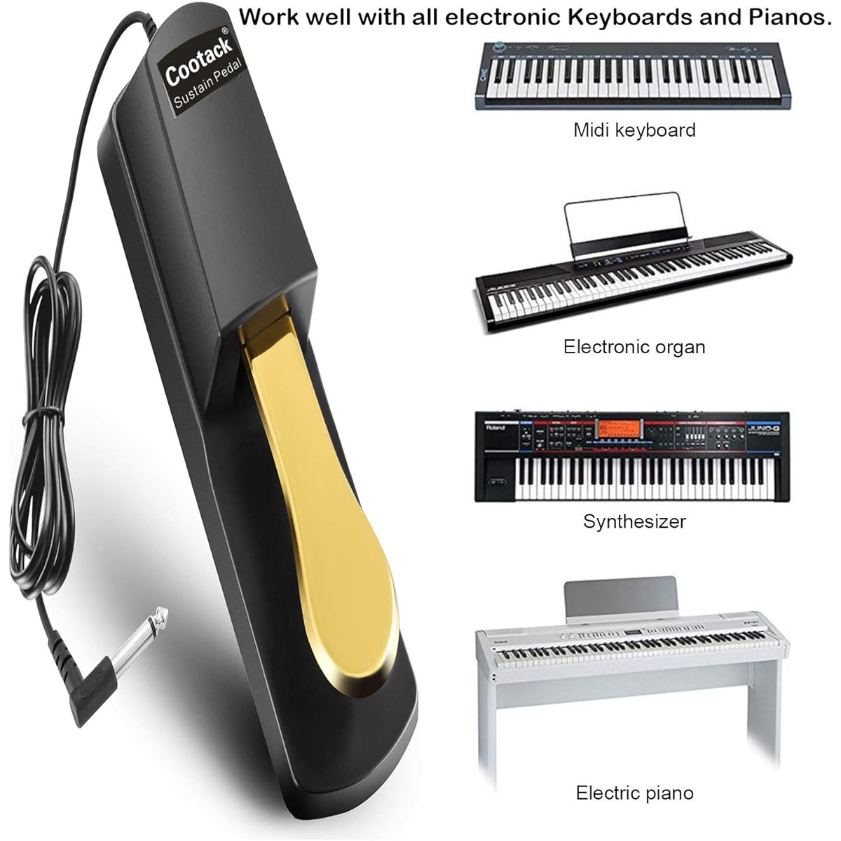 Cootack Universal Sustain Pedal for Yamaha, Casio, Roland, Electronic Keyboards, Digital Pianos, etc., Gold