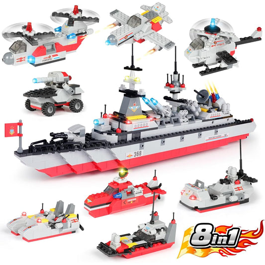 2021 Upgraded Military Building Blocks Kit with Missile Cruiser Building Bricks Army Cars Helicopter Patrol Boat 630 Pieces STEM Building Kit with Baseplate for Ages 6+