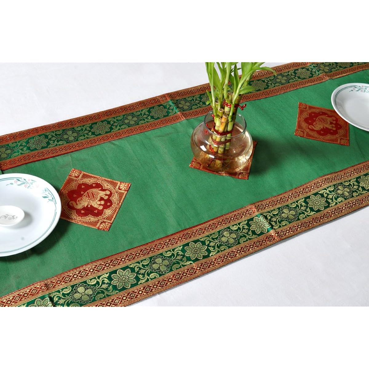 Lalhaveli Elephant Design Green Silk Table Decorative Runner 152 x 41 Cm