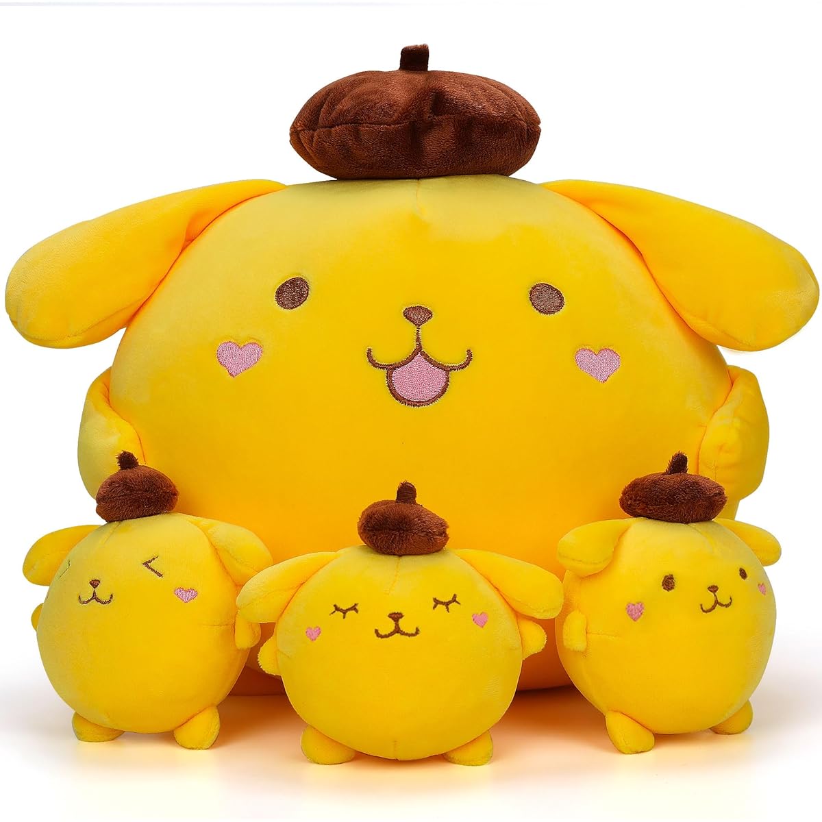 13" Pom Pom Pudding Plush Toy with 3 Babies Cartoon Anime Stuffed Animal Toy Pillow Doll for Kids Girls Boys Birthday Room Decor