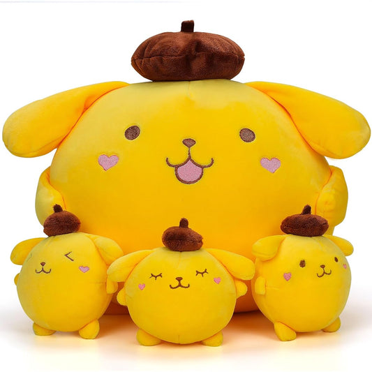 13" Pom Pom Pudding Plush Toy with 3 Babies Cartoon Anime Stuffed Animal Toy Pillow Doll for Kids Girls Boys Birthday Room Decor