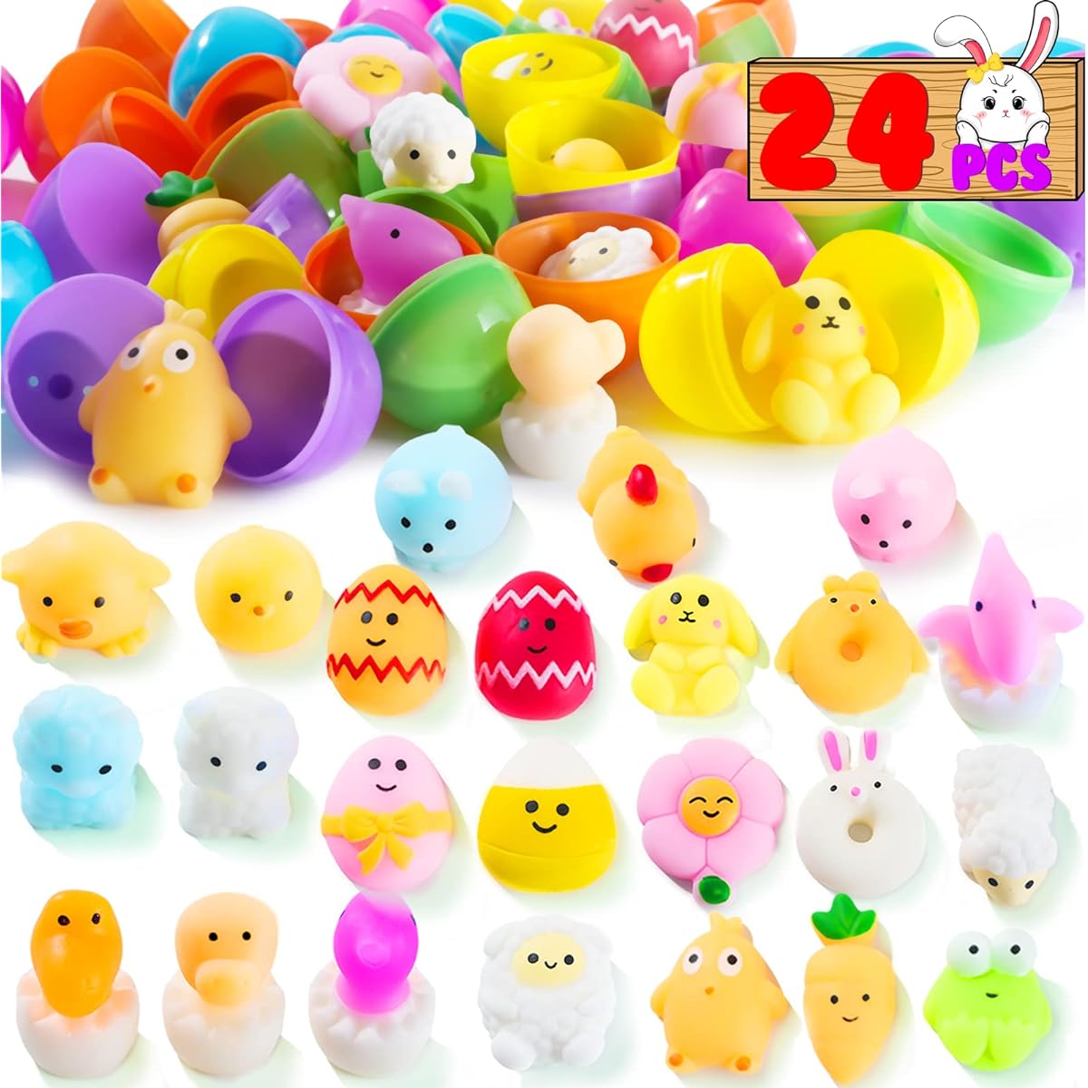 Kiddokids Easter Themed Mochi Filled Easter Eggs - 24 2.25" Surprise Toys for Easter Egg Hunts