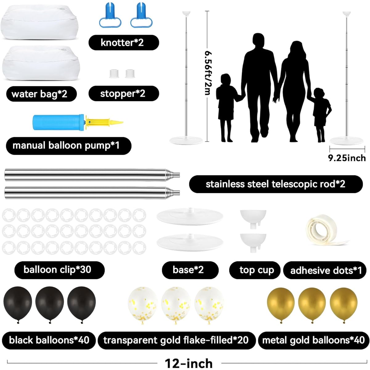 Balloon Column Stand Kit with 100 Balloons Adjustable Balloon Tower Stand with Floor Base Black Gold Balloon Column Kit for 50th Birthday Wedding Engagement Anniversary Graduation Party Set of 2