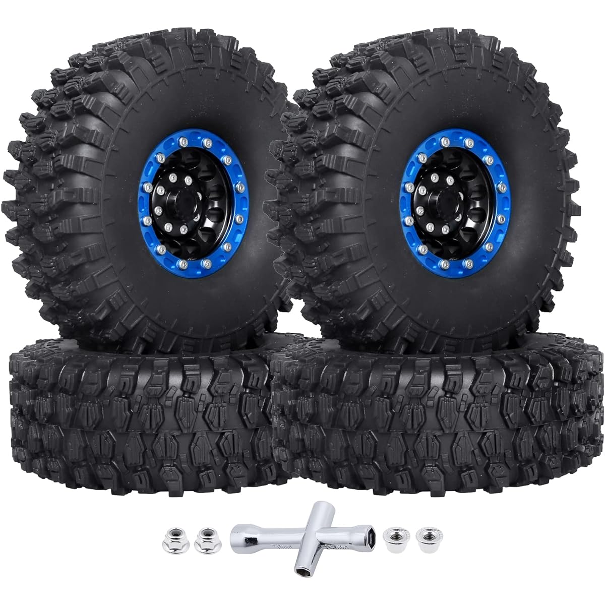 Hobbypark 1.9 Beadlock Wheel Rims Aluminum and 1.9 RC Crawler Tires 4.7" Tall with Outer Diameter Foam Inserts for Traxxas TRX4 Axial SCX10 SCX10 II III Redcat Gen 8 Set of 4 (with Blue Rims)