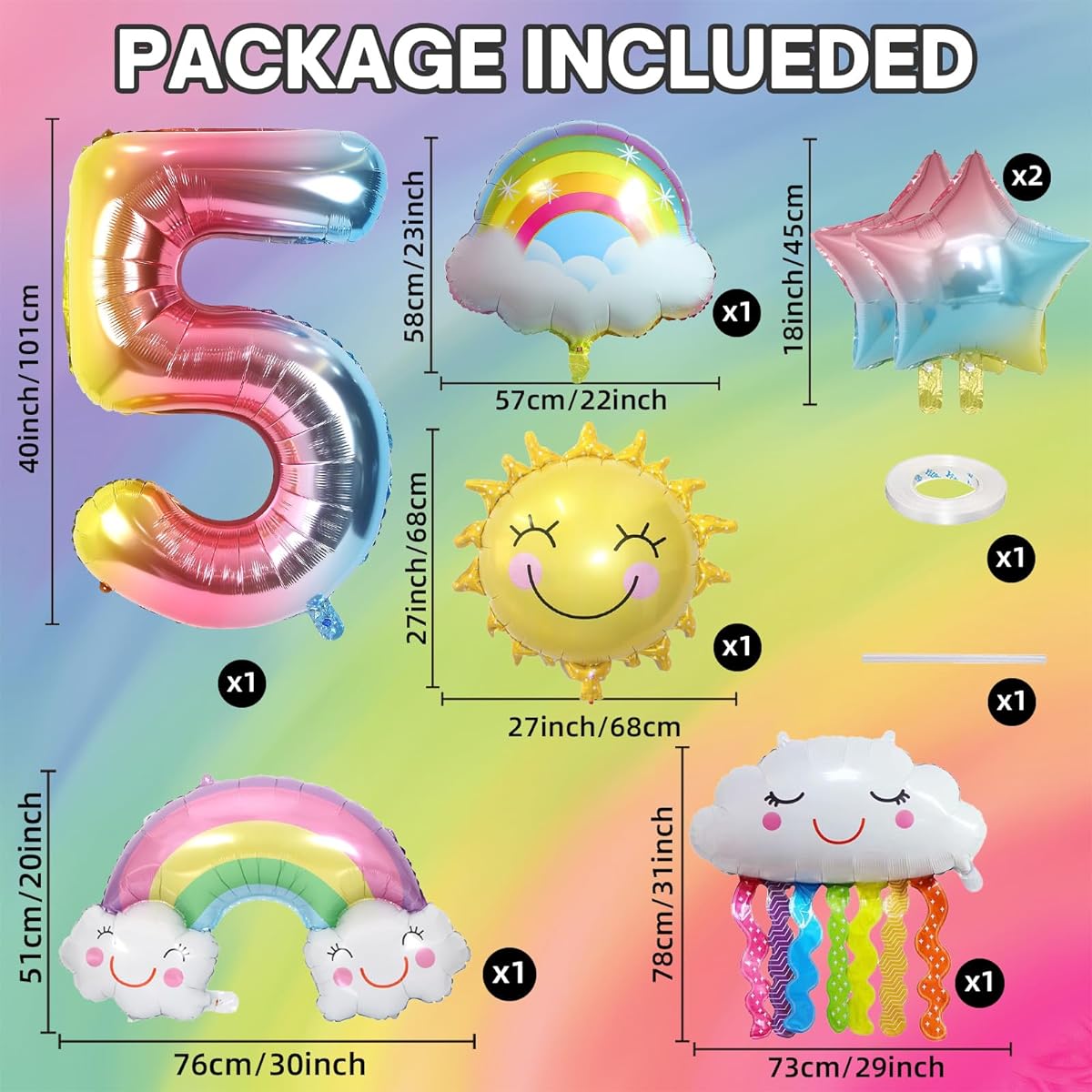 5th birthday decorations girl,5th rainbow birthday balloons set,sun rainbow gradient star,40 inch number 5 foil balloon,rainbow theme girl 5th birthday party decorations supplies.