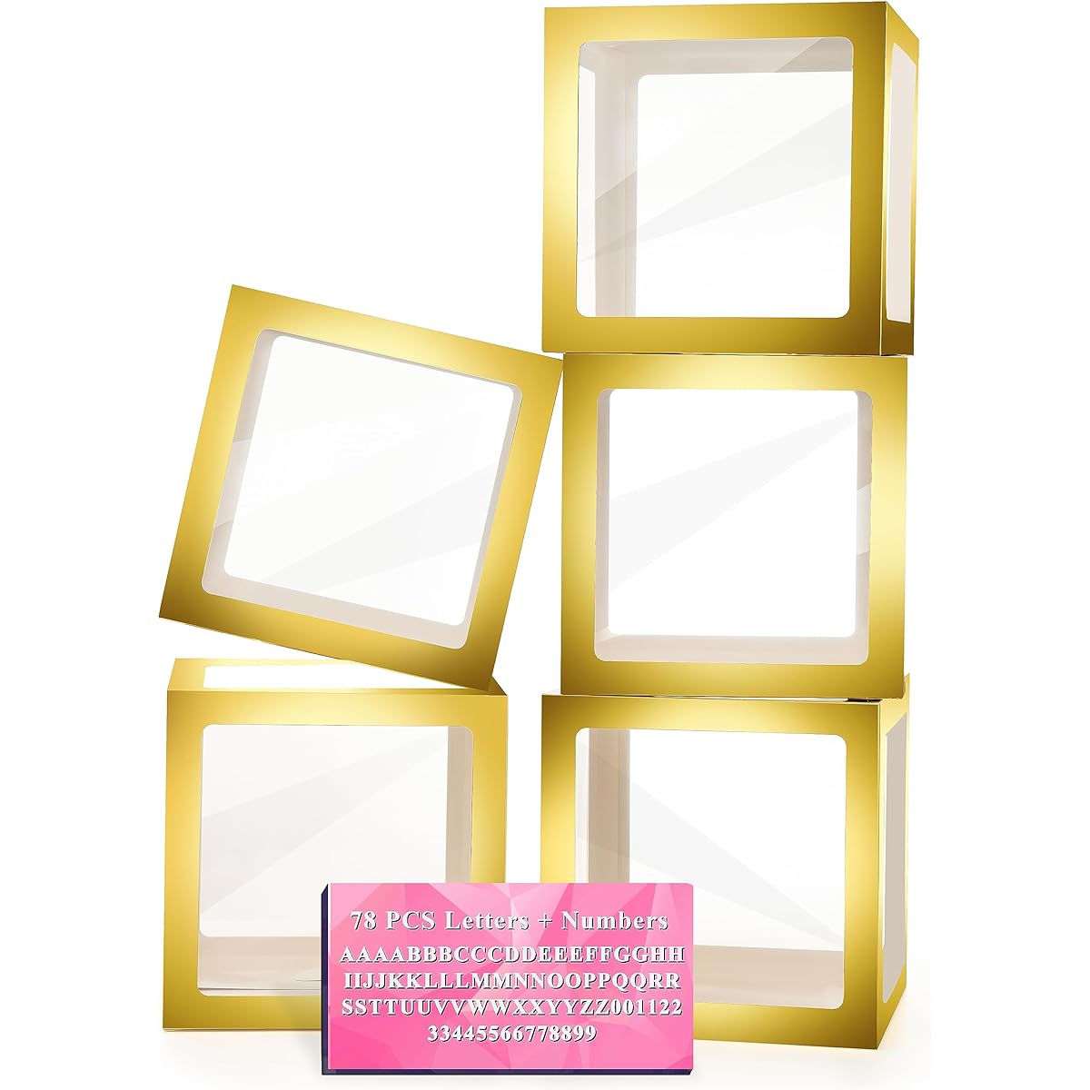 Baby Boxes with Letters for Baby Shower, 5pcs Clear Balloon Boxes with 78 Letters and Numbers, Baby Blocks Bridal Shower Gender Reveal Decorations Birthday Wedding Party Grad Backdrop Gold