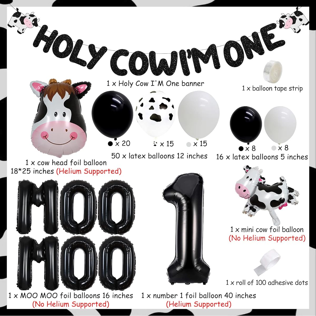 Cow 1st Birthday Decorations - Holy Cow Im One Birthday Decorations for Boys and Girls Black and White Balloon Garland Kit, Holy Cow Im One Banner, Moo Moo Cow Foil Balloons