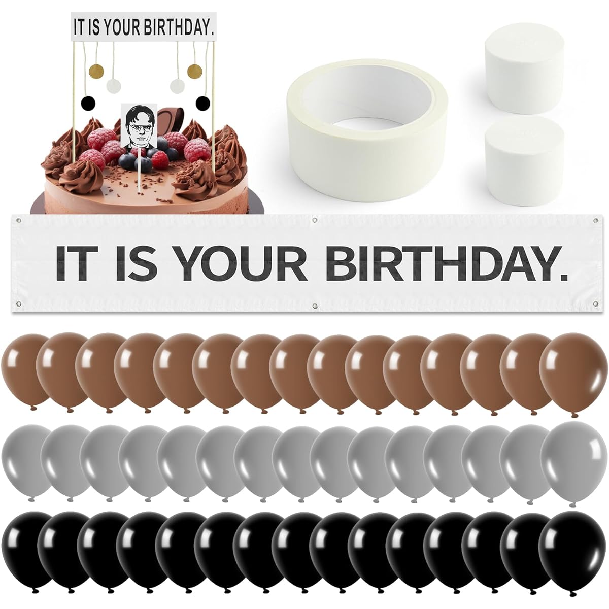 Is Your Birthday Banner Office Birthday Decorations Kit for Desk Office Dwight Schrute Theme Birthday Party Decorations 50 Pieces Full Kit Funny Birthday Cake Topper 12 Inch Gray Brown Black Latex Balloons for Boys Girls Friends Fans Birthday Decorations