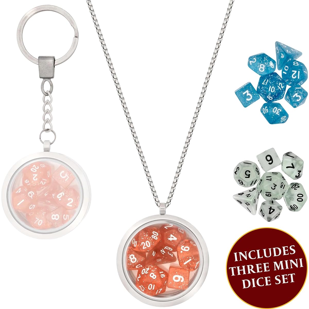 DND Dice Set Locket/Keychain - Includes 3 Polyhedral Mini Dice Sets - Perfect RPG/Dungeons & Dragons (D&D) Accessories Gift. Small/Micro Red, Blue, Clear Set has D20 D12 D10 D8 D6 sided dice.