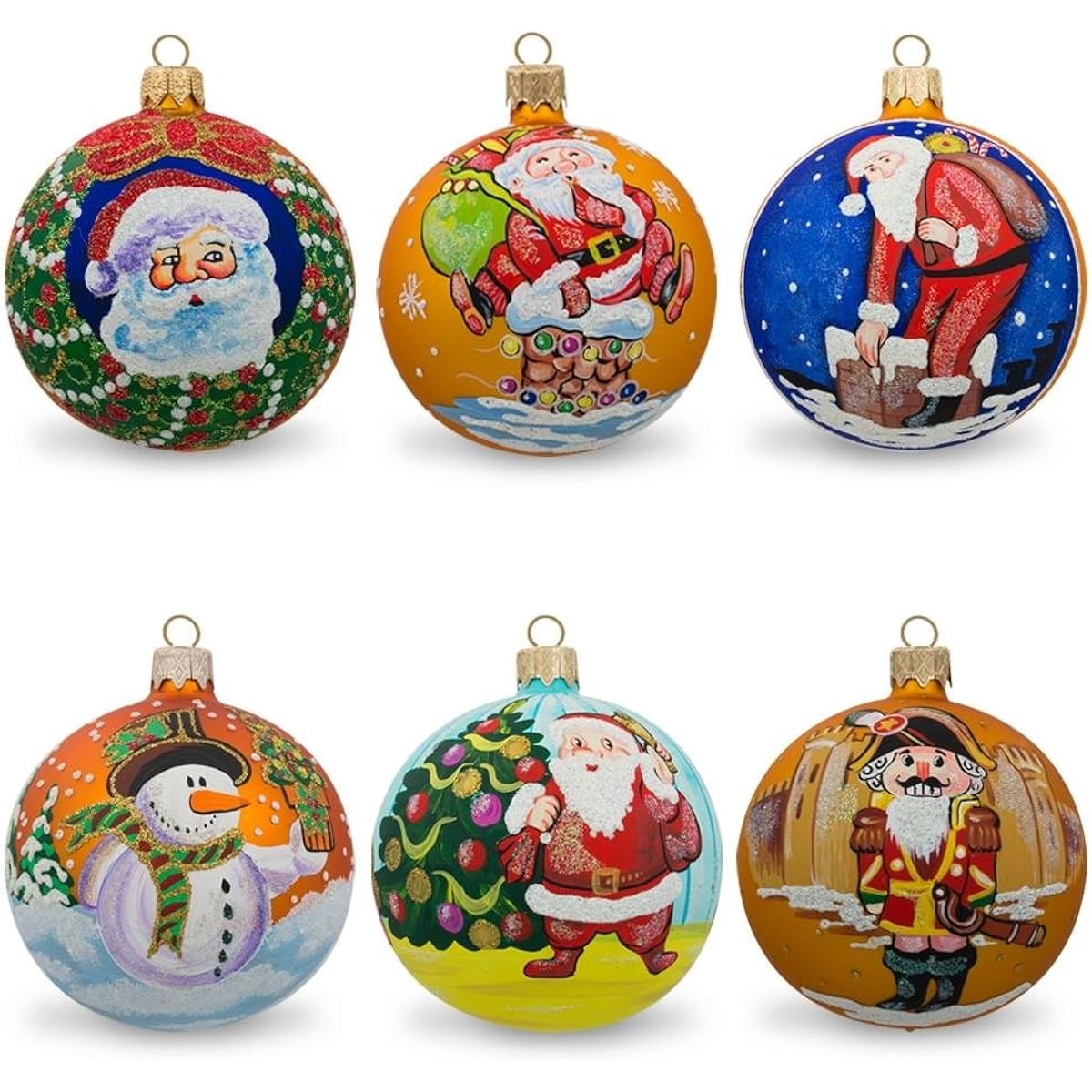 Set of 6 Santa with Gifts, Snowman, Nutcracker Glass Christmas Ornaments