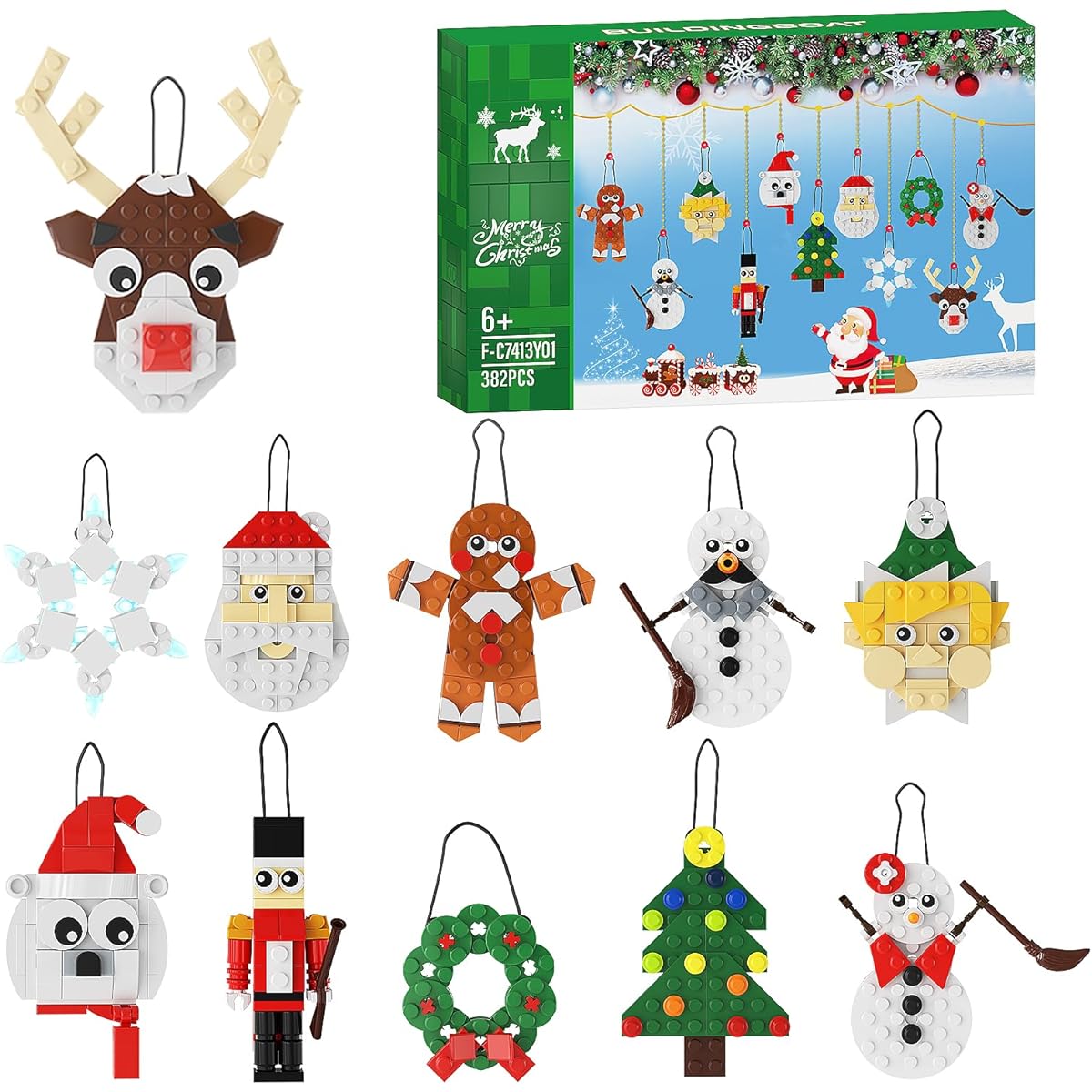 Christmas Ornament Assembly Kit Christmas Home Decoration Building Set of 11 Pieces DIY Decorative Hanging Ornaments Assembly Toys Best Festival Gifts for Kids and Friends (382 Pieces)