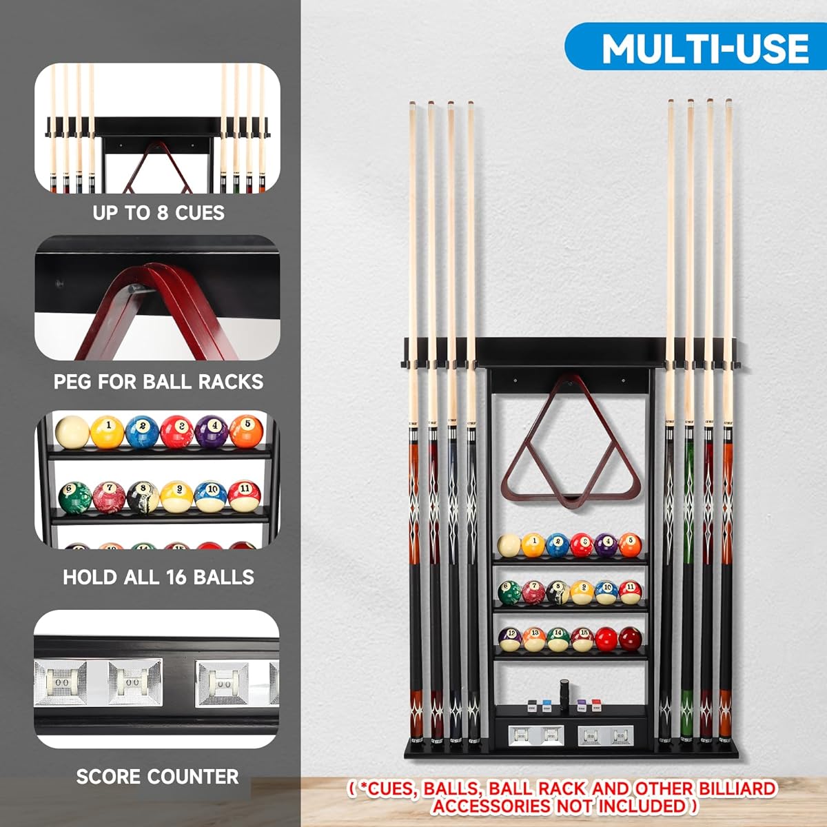 GSE 8 Pool Cue Wall Rack with Score Counter, Pool Cue Stick Hanging Wall Mount Rack Only, 8 Pool Cue Sticks, Billiard Ball Rack, Pool Ball Full Set (Black)