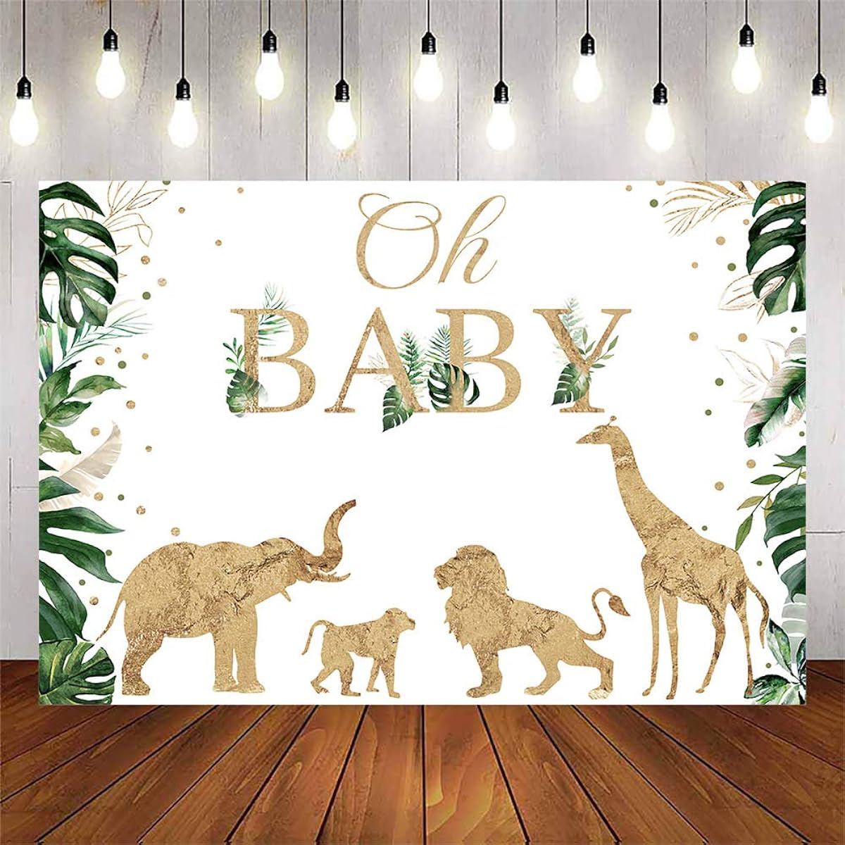 Avezano Gold Safari Baby Shower Backdrop Oh Baby Jungle Animals Background Baby Shoes Party Decorations Banner(7x5ft)