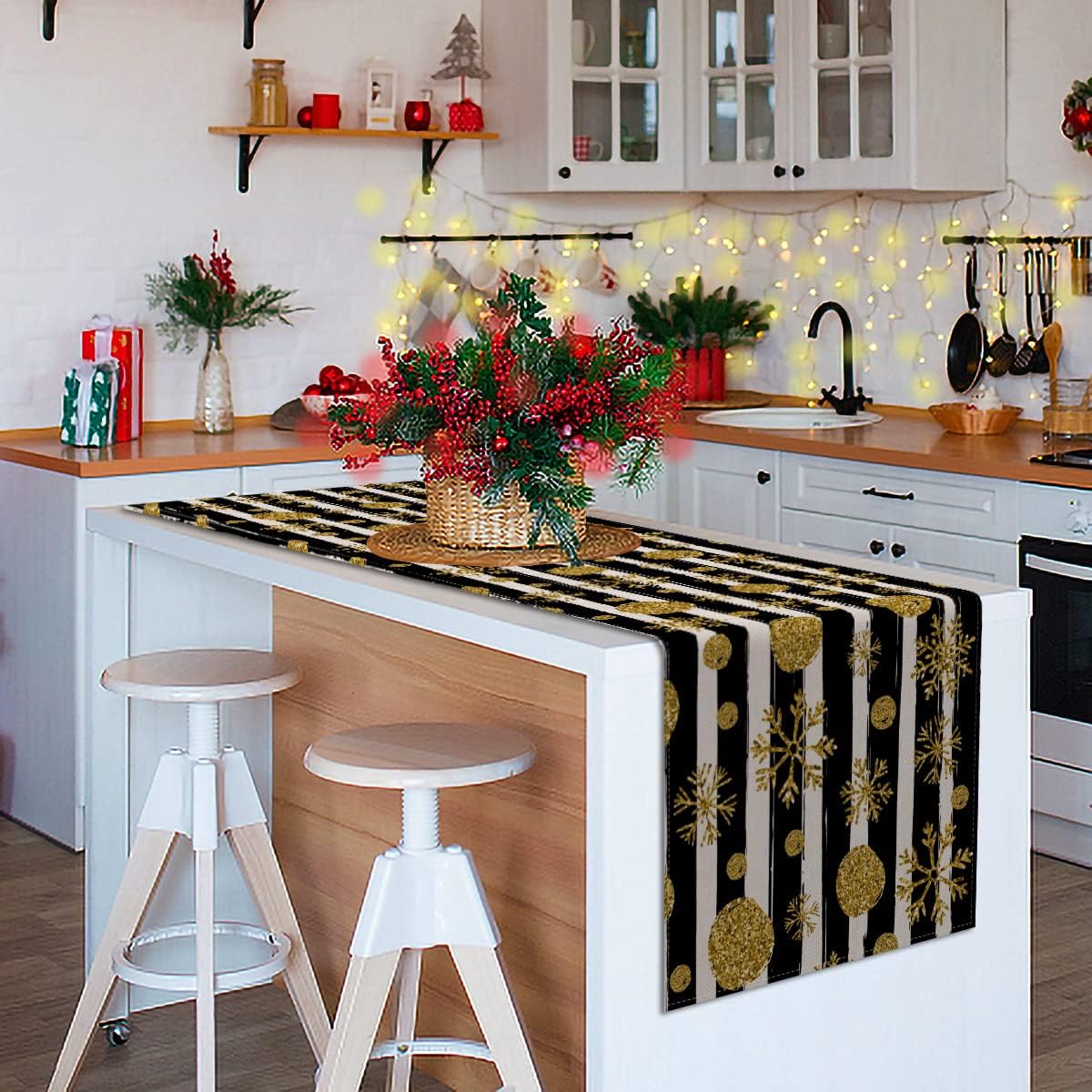 Merry Christmas Happy New Year Table Runner Linen Gold and Black Stripes Winter Holiday Rustic Kitchen Dining Room Decor
