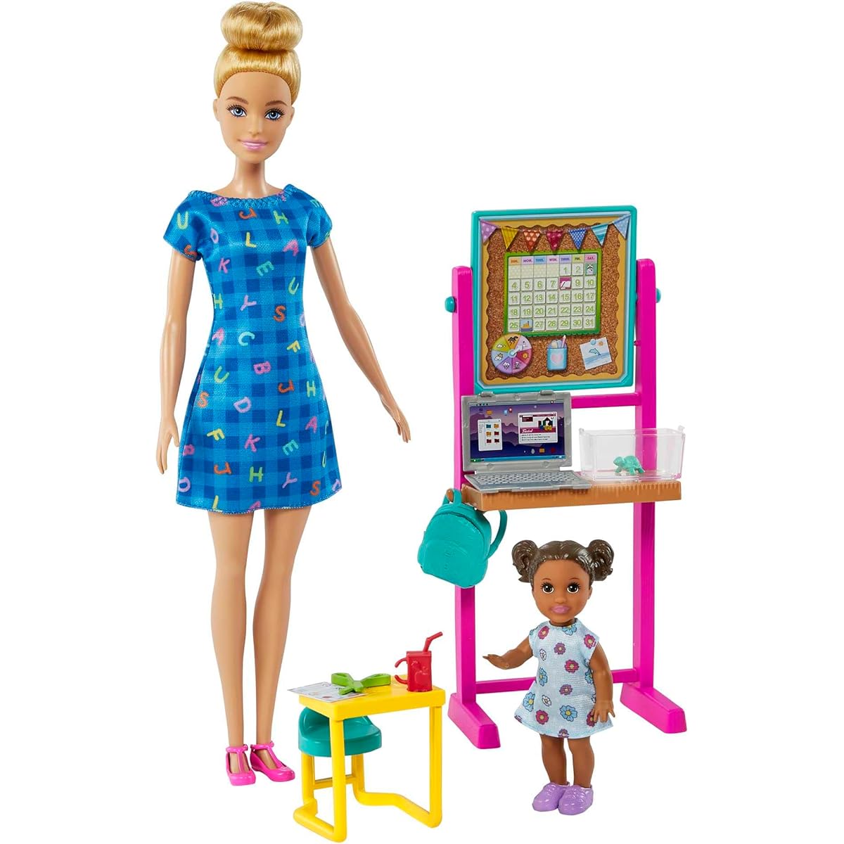 Barbie Teacher Doll (Blonde),Toddler Doll (Brunette), Flip Board, Laptop, Backpack, Toddler Desk, Pet Turtle, Great Gift for Ages 3 Years Old & Up
