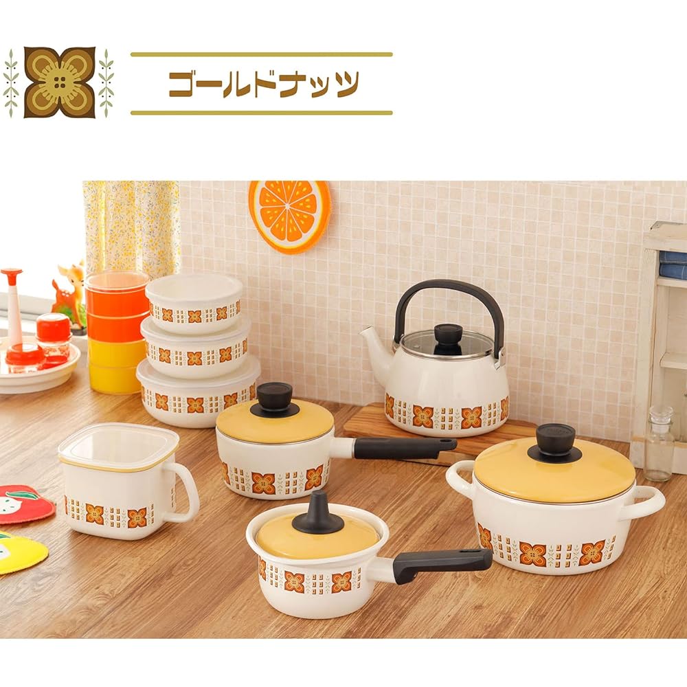 Fuji Enamel 70's Reprint Pattern Showa Retro Enamel Two Hand Pot Casserole 20cm IH Compatible Ovenable Memories Gold Nuts