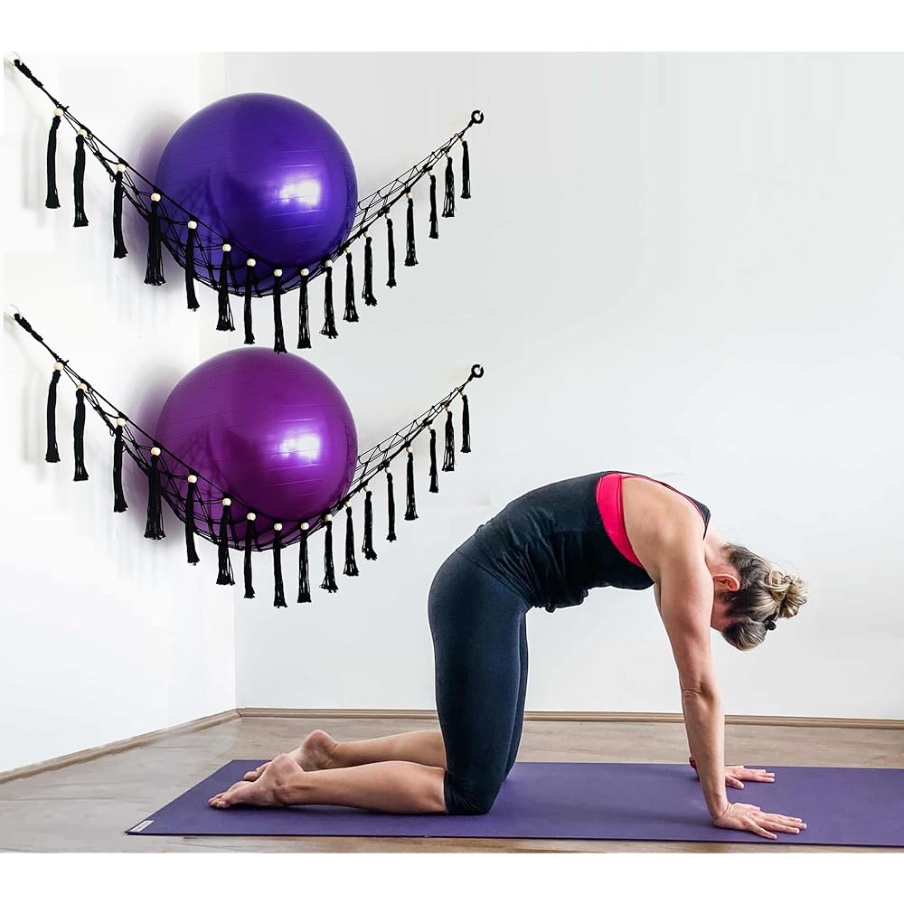 Diocos Exercise Ball Holder Yoga Ball Rack Corner Hanging Storage Net or Hammock Fitness Ball Balance Ball Organizer Pregnancy Stability Ball Swiss Balance Ball for Yoga Studio and Gym