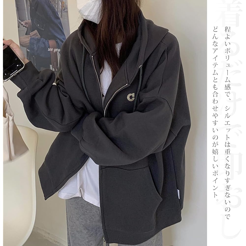[Vincent house] Women's Parka, Tops, Outerwear, Zip Parka, Large Size, Loose, Hooded, Spring, Autumn, Winter, Stylish