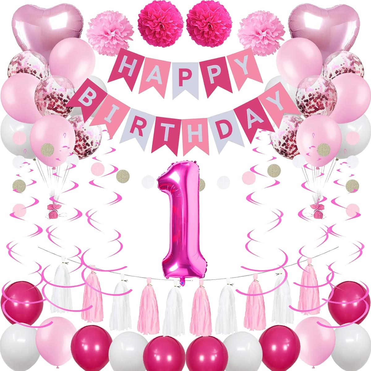 Sweet 1st Birthday Decorations for Baby Girl Pink and White 1 x Happy Birthday Balloon 1st Birthday Party Supplies for Daughter Her Kids with Pink Happy Birthday Banner Pink Number 1 Foil Balloon