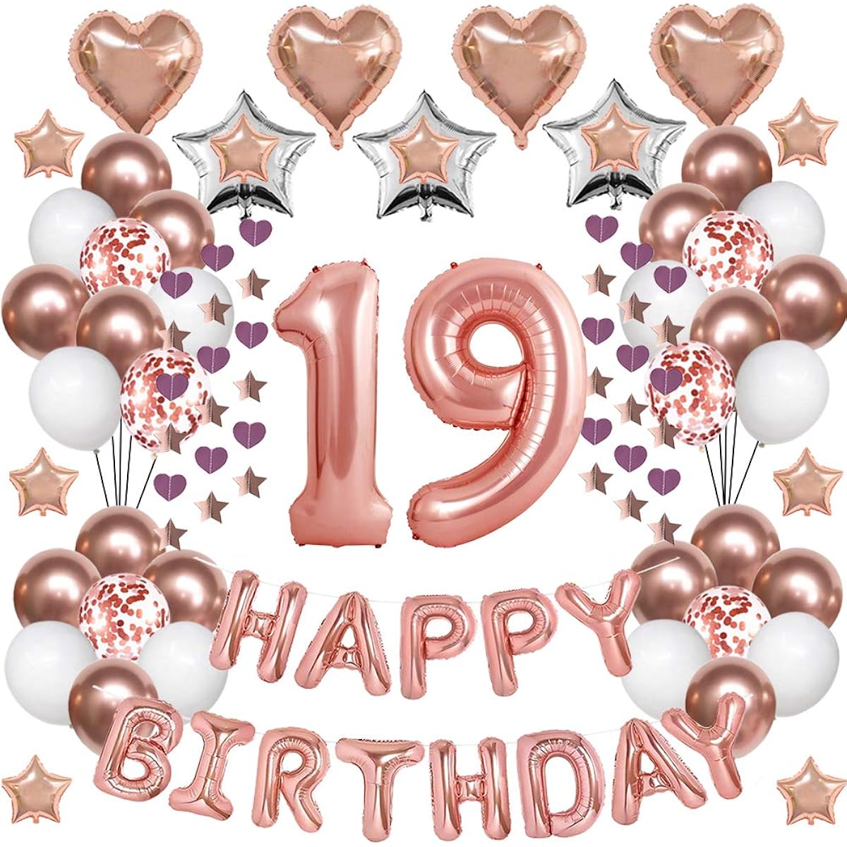 19th Rose Gold Birthday Decorations 19th Birthday Balloons for Girls/Women Happy Birthday Banner Rose Gold 19 Number Balloons Star Heart Foil Balloons Confetti Balloons