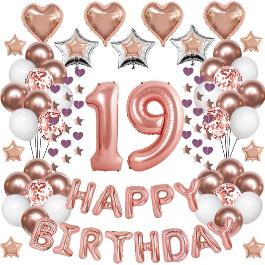 19th Rose Gold Birthday Decorations 19th Birthday Balloons for Girls/Women Happy Birthday Banner Rose Gold 19 Number Balloons Star Heart Foil Balloons Confetti Balloons