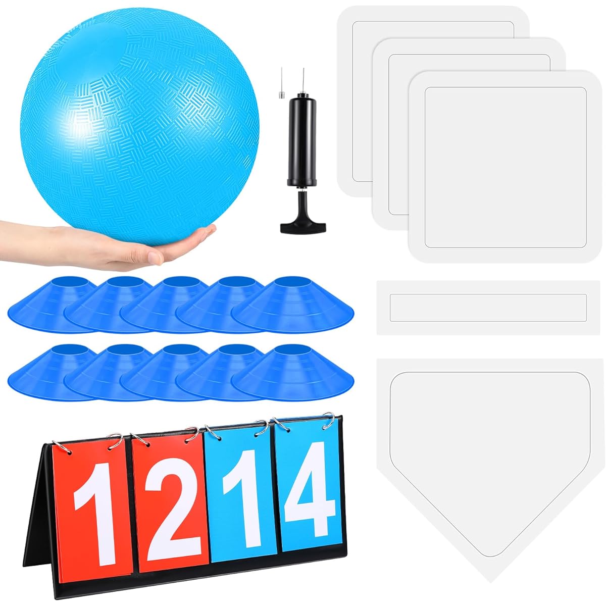 Jenaai 18 Piece Sports Kickball Set, 10 Inch Playground Balls, 5 Rubber Throwdown Bases, Ball Pump, Scoreboard, Net Bag, Foul Line Cones, 10 Pieces for Kids Adults Playground School Backyard Games