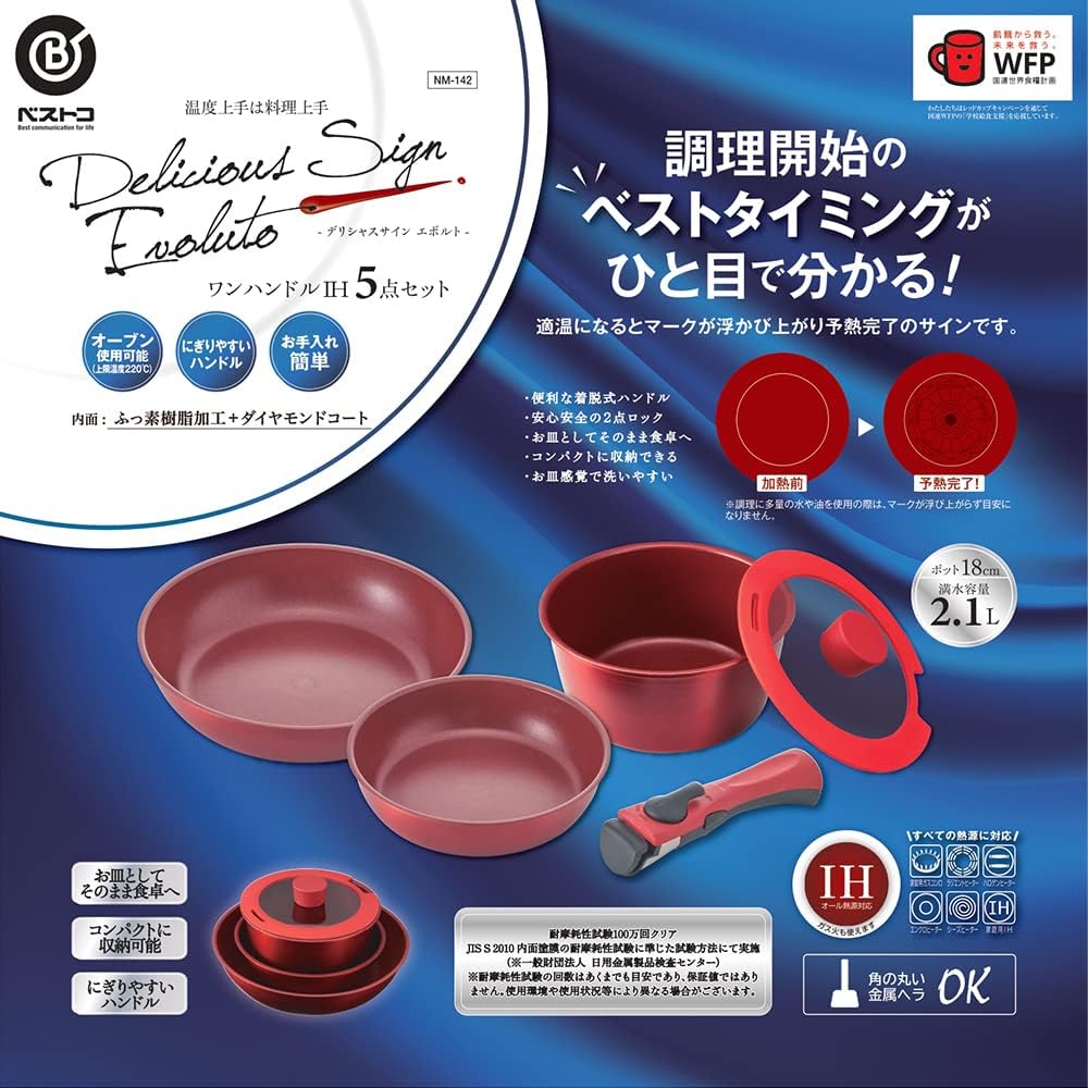 Bestco Frying Pan Glass Lid Handle 5 Piece Set Red IH Compatible NM-142 Delicious Sine Volt