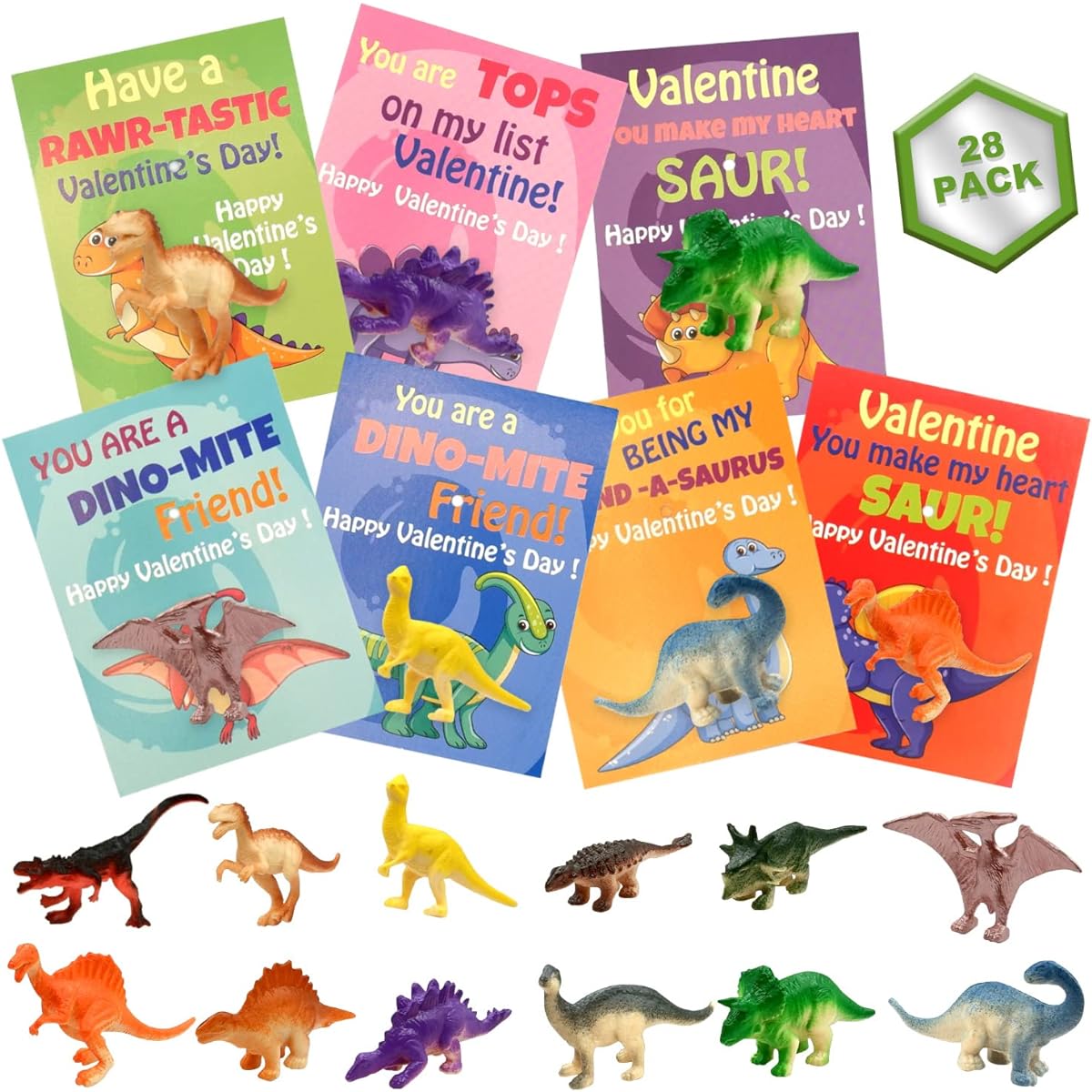GoForward 28 Pack Valentine's Day Cards for Kids Dinosaur Figure Toys Valentine Classroom Gifts Kids Valentine Exchange Cards Kids Valentine Party Favors Valentine Greeting Card Ideas