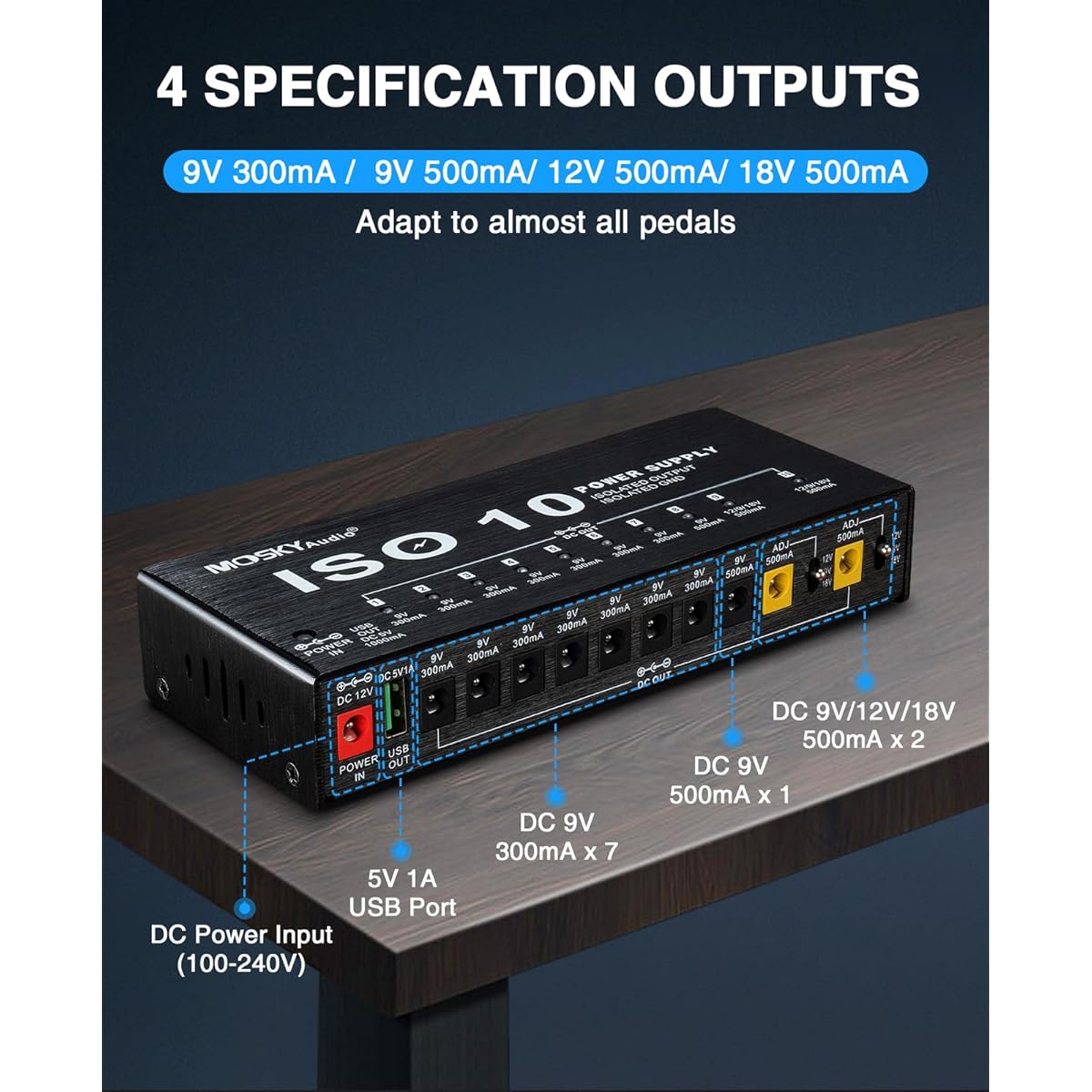 CAMOLA Guitar Power Supply Mosky Guitar Pedal Power Supply 10 Isolated DC Outputs 9V 12V 18V 300mA 500mA Guitar Effect Pedal Short Circuit/Over Current Protection