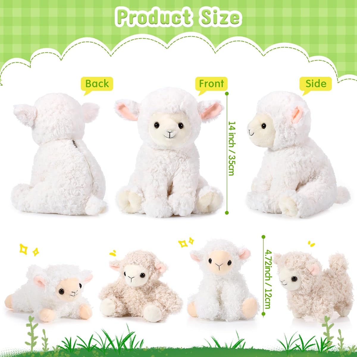 Lenwen 5 Piece Plush Lamb Set, 14" Mommy Lamb Stuffed Animals with 4 Adorable Babies Zippered Belly Soft Cuddly Nursery Sheep Stuffed Animals for Boys Girls Birthday Gifts Party Favors Farm Party Decor