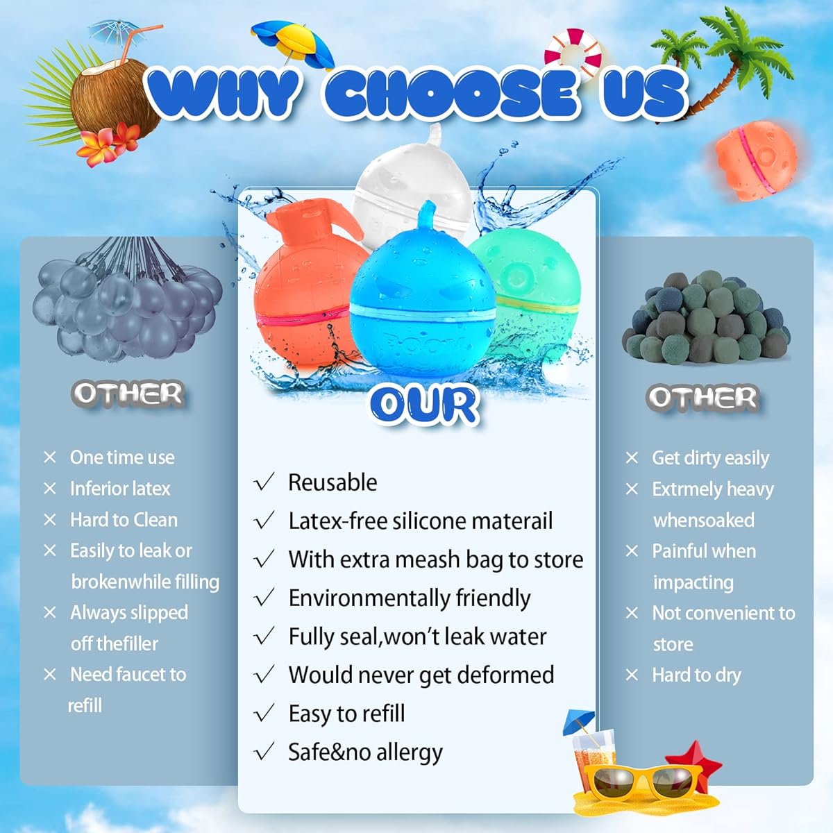 Reusable Water Balloons for Kids, 12pcs Refillable Magnetic Self-Sealing Water Balloons Quick Fill Silicone Water Bomb Splash Balls Summer Pool Toys Outdoor Water Toys Beach Toys