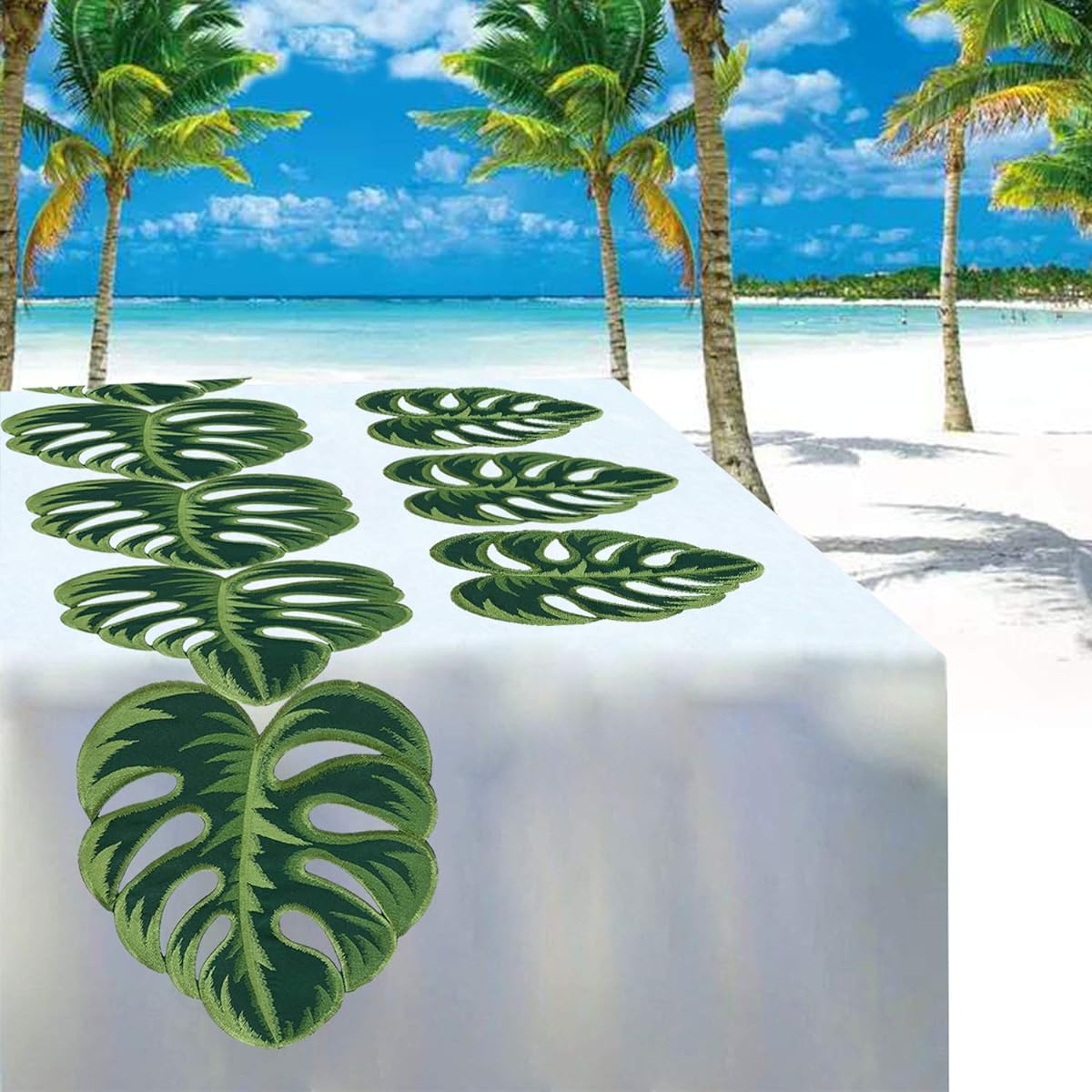 Simhomsen Table Runner with Embroidered Tropical Palm Leaves for Hawaiian Luau Party Paradise Jungle Beach Theme Party Baby Shower Summer Decorations (13 x 69 Inch)