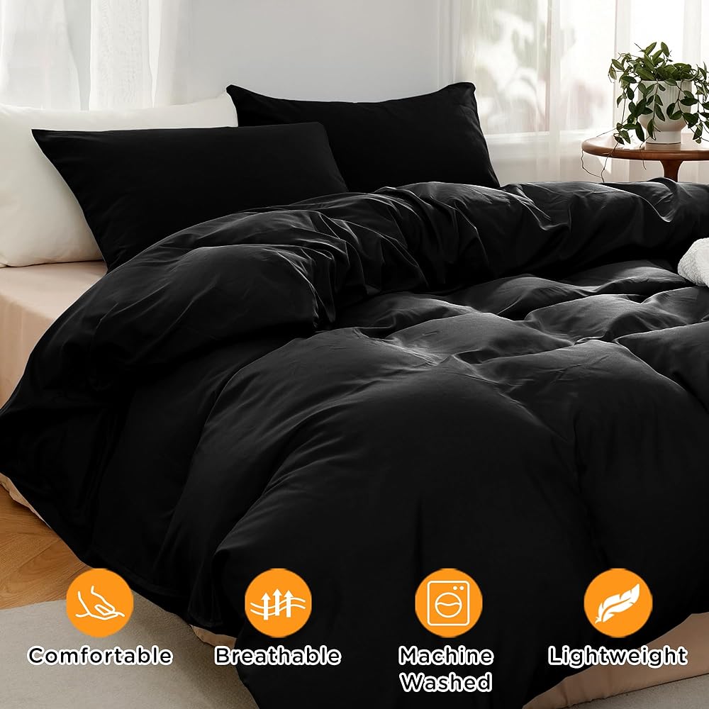 TOCOMOA Black Duvet Cover Queen 100% Microfiber Duvet Cover Set Ultra Soft 3 Piece Bedding Set with 1 Duvet Cover and 2 Pillow Shams (Black, Queen)