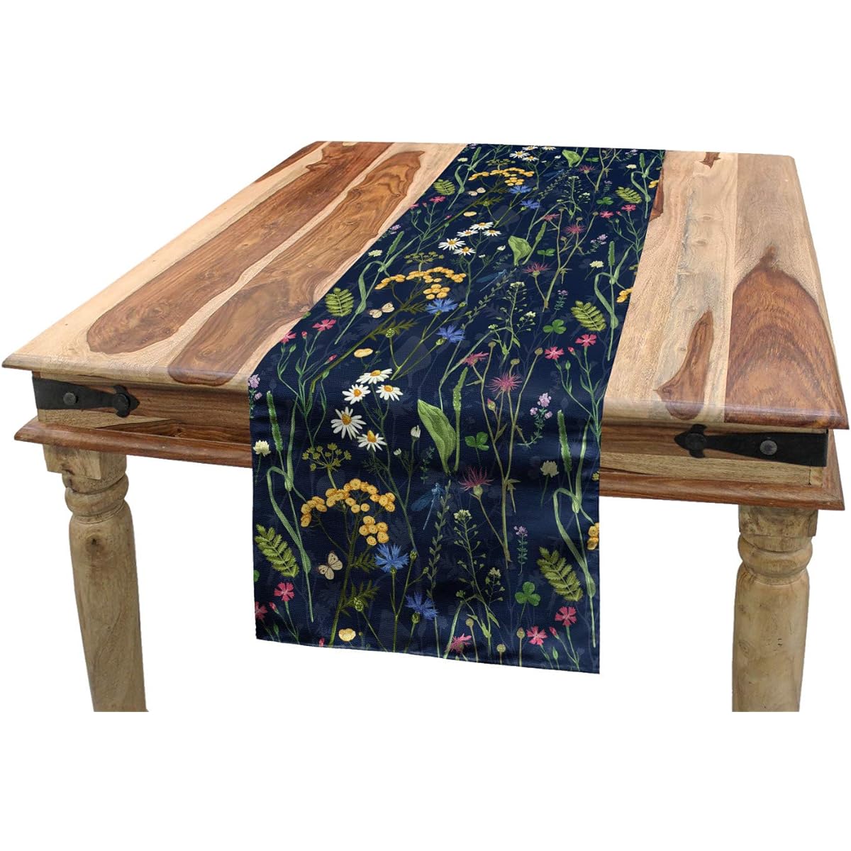 Lunarable Painted Table Runner, Botanical Beauty Floral Garden Daisy Magnolia Peony Lily Flower Butterfly, Dining Room Kitchen Rectangle Runner, 16" x 120", Green Night