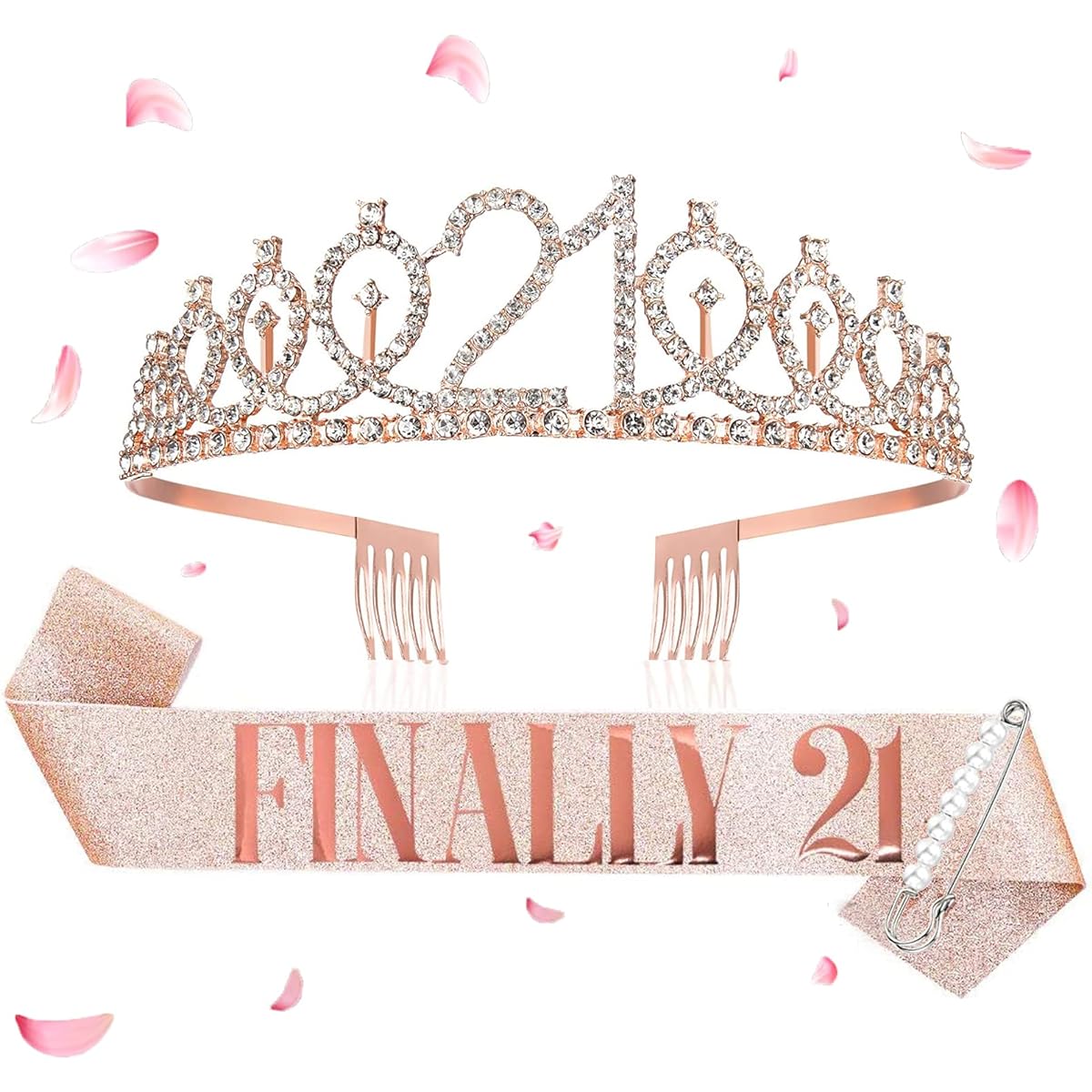 21st Birthday Crown and Sash Set,Finally 21st Birthday Rhinestone Tiara,21st Birthday Gift Glitter Birthday Decorations,Birthday Party Supplies(Rose Gold)
