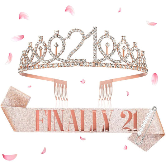 21st Birthday Crown and Sash Set,Finally 21st Birthday Rhinestone Tiara,21st Birthday Gift Glitter Birthday Decorations,Birthday Party Supplies(Rose Gold)