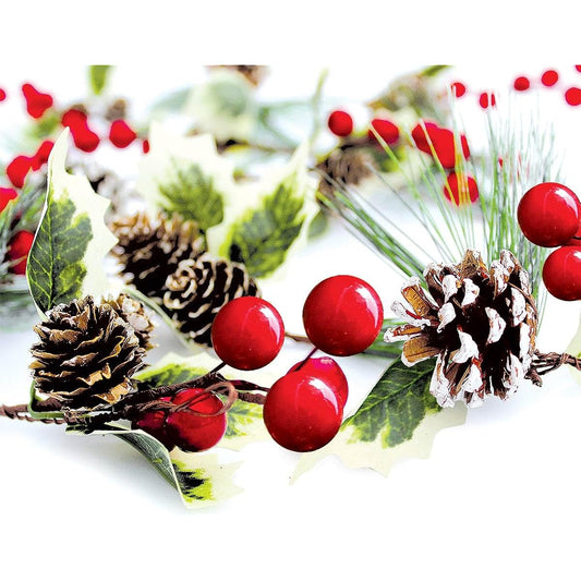 Winter Garland Christmas Decorations with Red Berries, Pine Cones, Holly, Evergreen Pine Needles - Unlit Holiday Berry Decor, Outdoor Greenery for Home, Kitchen, Bar, Fireplace, Decorative, 6 Feet Long