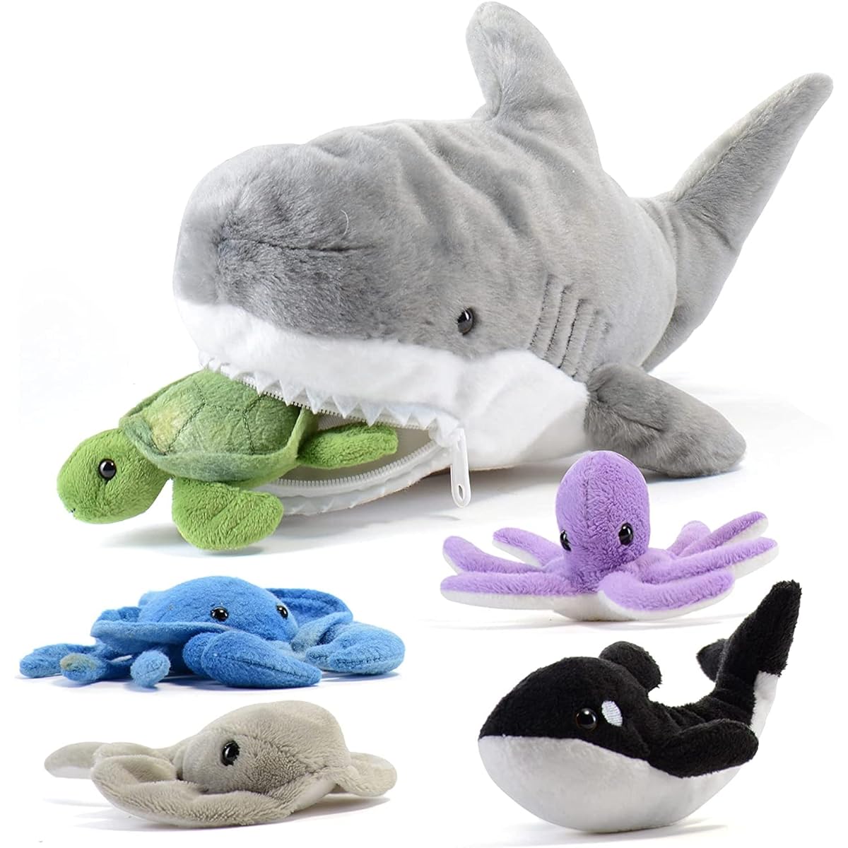 Prextex 15-Inch Plush Shark with 5 Piece Soft Stuffed Sea Animals Includes Stuffed Octopus, Crab, Turtle, Stingray, and Blue Whale