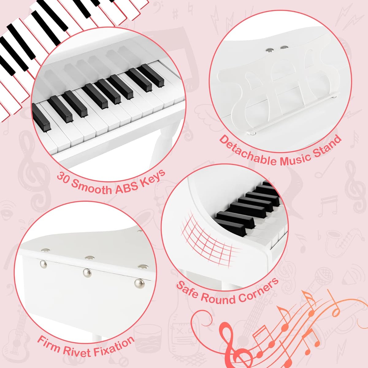 Costzon Classic Kids Piano 30 Keys Wooden Toy Grand Piano with Music Stand and Bench, Mini Musical Toy for Kids, Great for Kids Room, Great Toy Room, Best Gift (Straight Legs, White)
