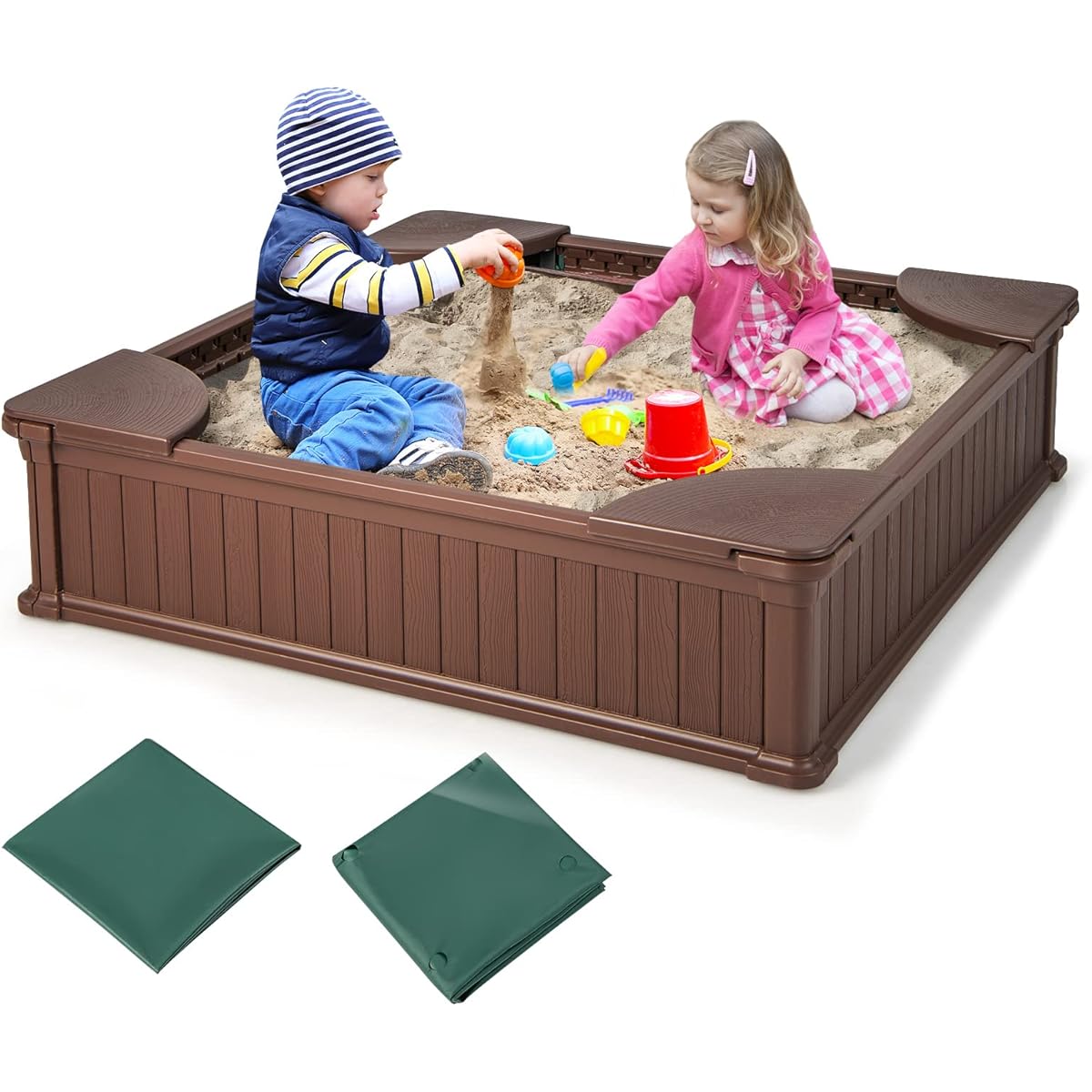 Costzon Kids Sandbox with Cover 4' x 4' HDPE Sandpit with Oxford Cover Bottom Liner Corner Seat 4 Seats Weatherproof Outdoor Sand Play Station for Backyard Lawn Garden Beach (Brown)