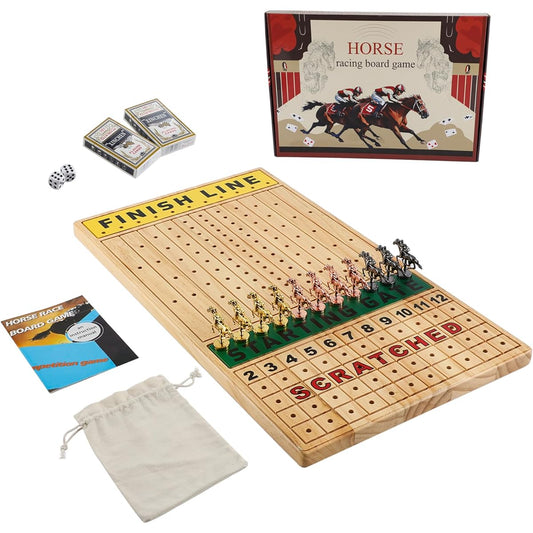 NRZSSN Extra Large 21" Horse Racing Board Game with 11 Luxury and Durable Classic Metal Horses, 4 Dice and 2 Boxes of Cards, Thick Solid Wood Horse Racing Game (Log Color, Rectangle)
