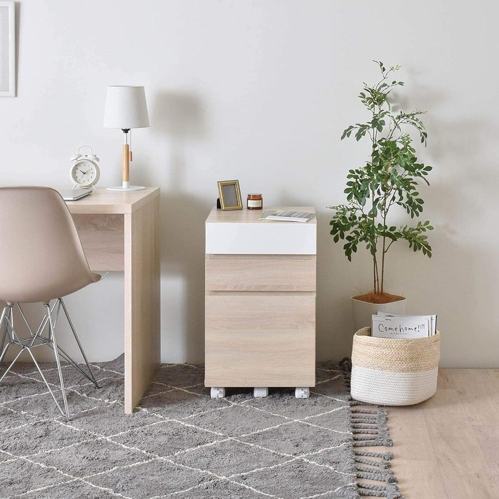Sato Sangyo HELM Side Chest Width 40cm Depth 45cm Height 65.5cm Oak White Wooden Mirror Surface with Casters HM65-40H IV