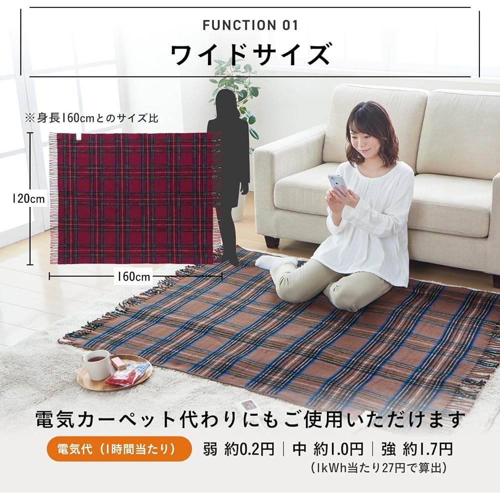 Sugiyama Boshoku Electric Throw Blanket, Made in Japan, 160 x 120 cm, Washable, Extra Large, Large, Automatic OFF Timer, Energy Saving, Power Saving, Futon, Bedding, Feet, Knees, Waist, Stomach, Living Room, Office, Heater Blanket, Checkered Cafe Brown