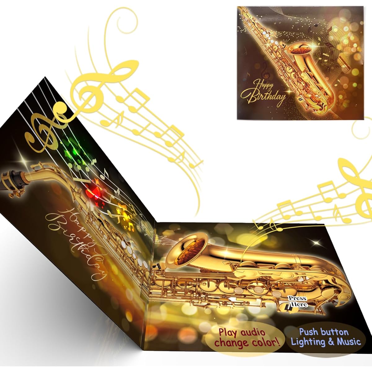 DTESL Saxophone Funny Birthday Card with Lights and Music Musical Gifts for Men Gifts for Musicians Birthday Cards for Kids/Men/Women Touch to Play Wind Music: Happy Birthday (Saxophone)