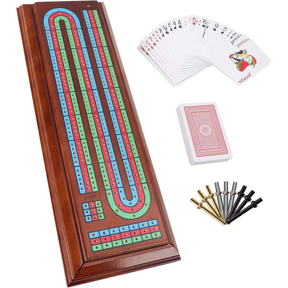 GSE Multicolor 3 Track Wooden Cribbage Board Game Box with 2 Decks of Playing Cards, 9 Metal Pegs, Storage Drawer, Wooden 3 Track Cribbage Board and Large Storage for Family Board Games