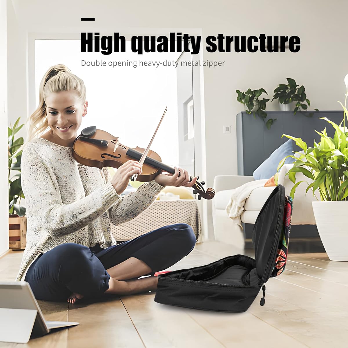 MUINS Ukulele Bag 21 23 26 Ukulele Case Thick Pad for Soprano Concert Tenor Uke with Double Adjustable Strap and Handle (26 Inch, Black Leaves)