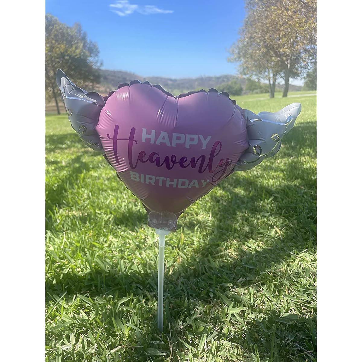 Happy Heavenly Birthday Balloons on Sticks, Heart Shaped with Angel Wings (Variety 4 Pack)