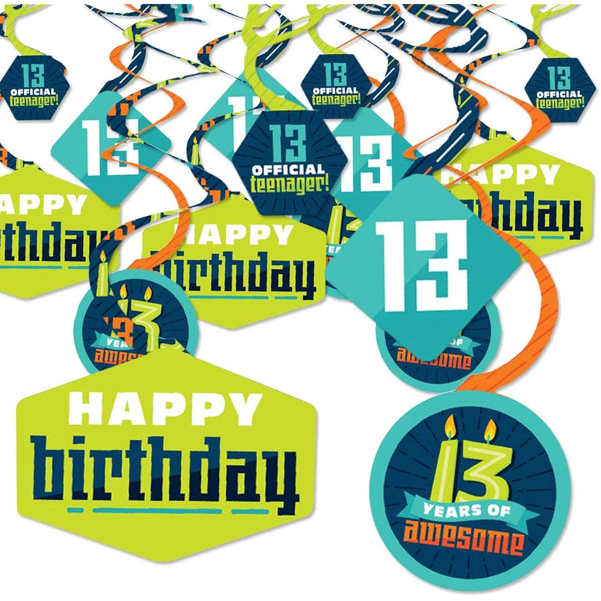 Big Dot of Happiness Boy 13th Birthday - Official Teenager Birthday Party Hanging Decorations - Party Decorations Swirls - Set of 40